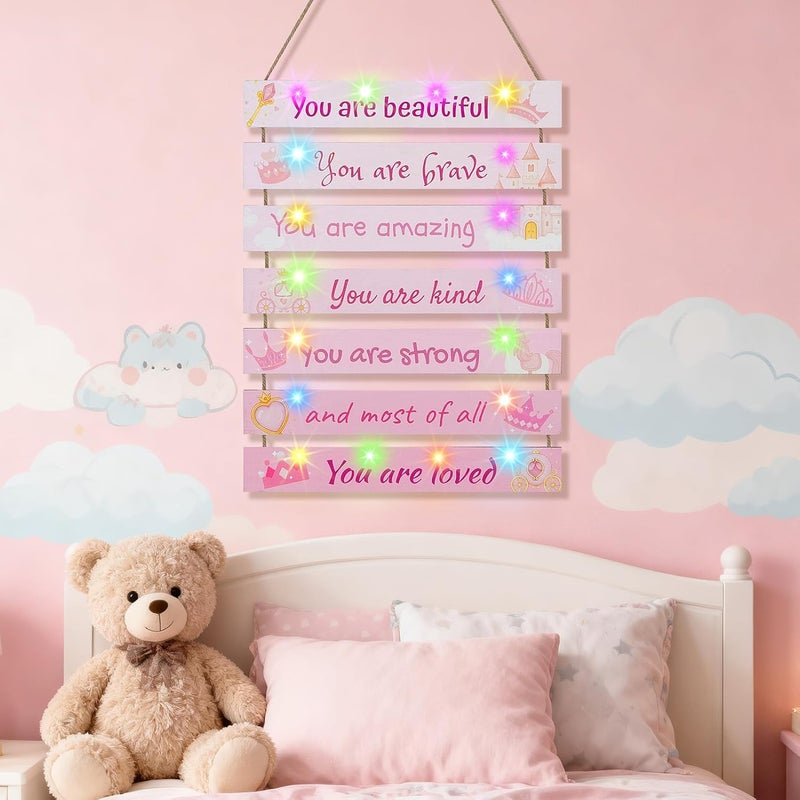 FIOBEE Girls Room Décor for Teen Girls Boys with LED Light Wall Decor for Bedroom Motivational Inspirational Wall Art Girl Room Decoration for Kids Studyroom, 8 Kinds of Lights, Pink Princess - Image 4